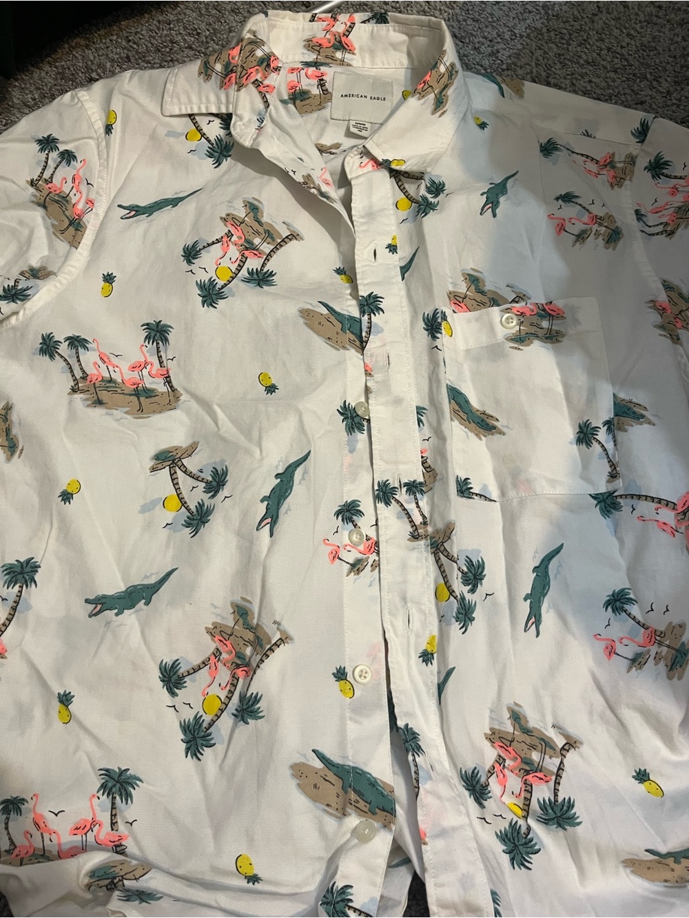 American Eagle Outfitters White Flamingo & Teal Shark Print Button-Down Shirt